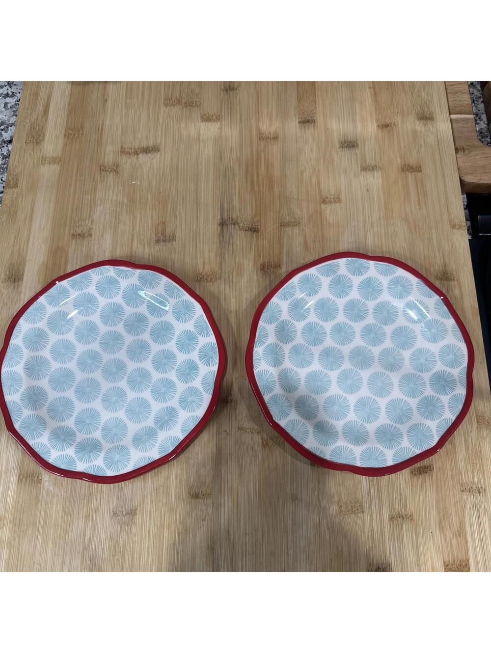 Pioneer Woman Salad Lunch Plates 2 Two Happiness Scallop Teal Dot Red Trim 8.5"
